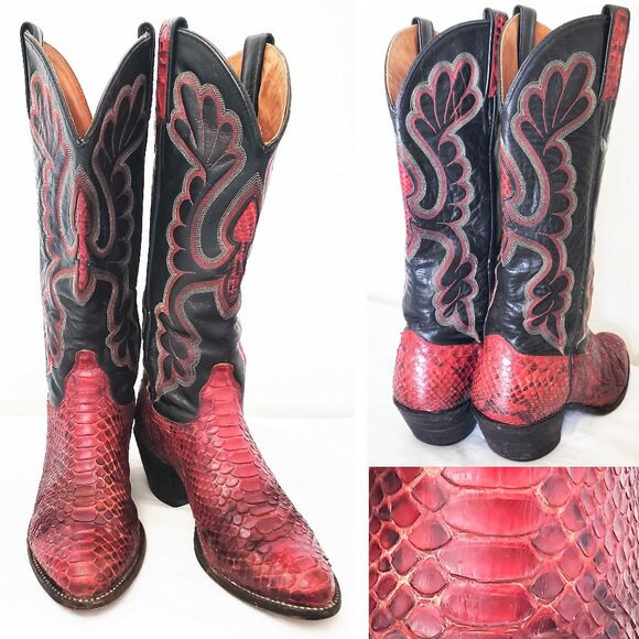 VTG J. CHISHOLM Women's Black Leather Red Python Cowboy/Western Boots 6.5 USA